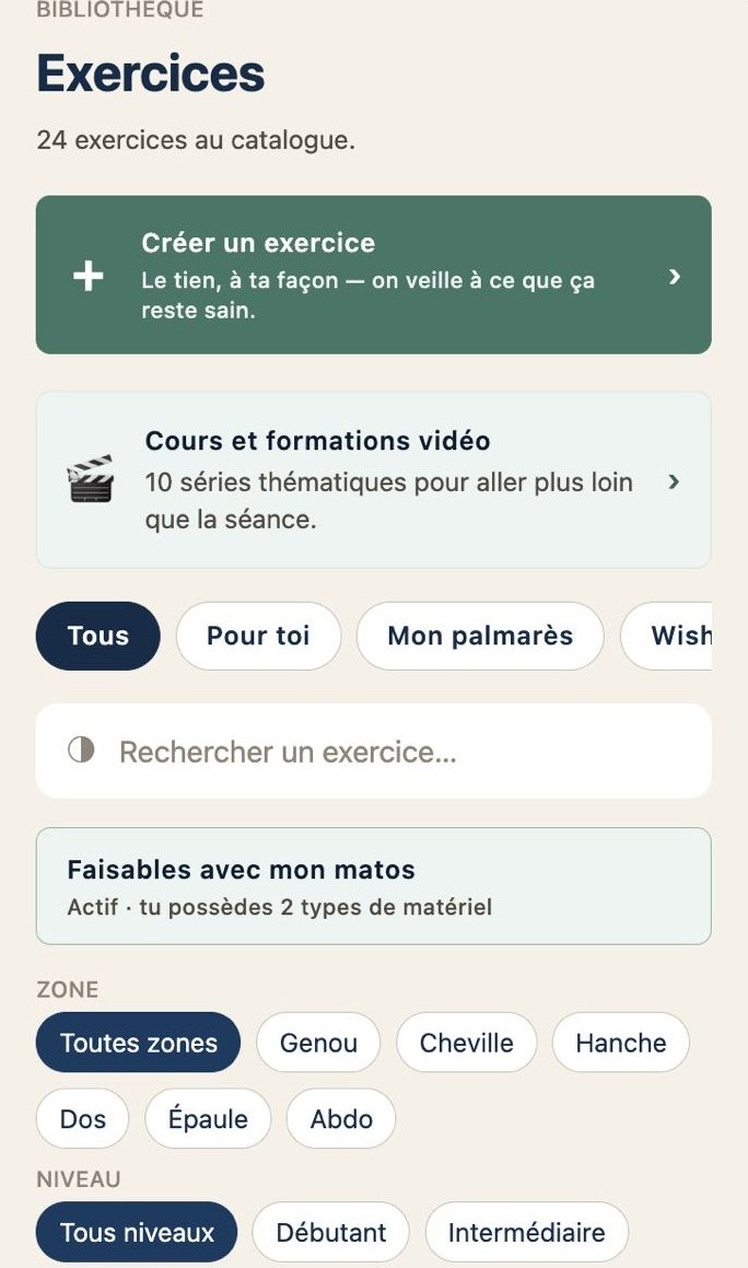 Bibliothèque d'exercices filtrable